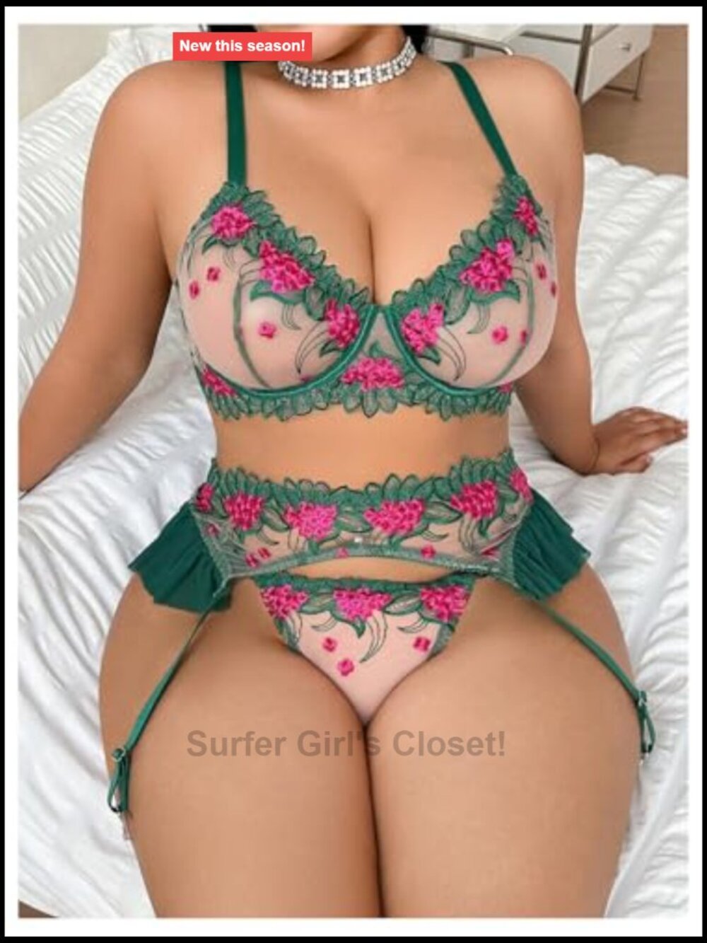 Plus Size Lingerie Set Floral Mesh Push Up Bra & Thong - Picture 4 of 4